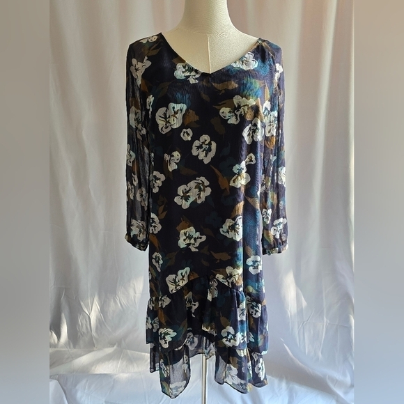 Cabi Pirouette Floral V-Neck Shift Dress Long-Sleeve Ruffle Hem Blue Multi Sz XS - Picture 14 of 14